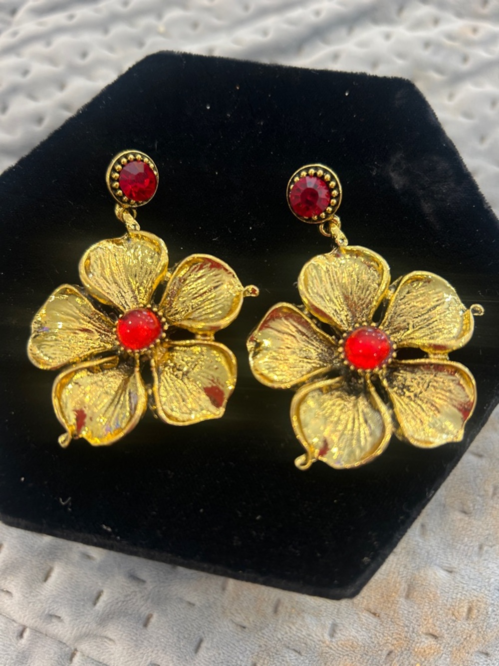 Antiqued Gold Flower Drop Earrings with Red Gem Accents-NWT